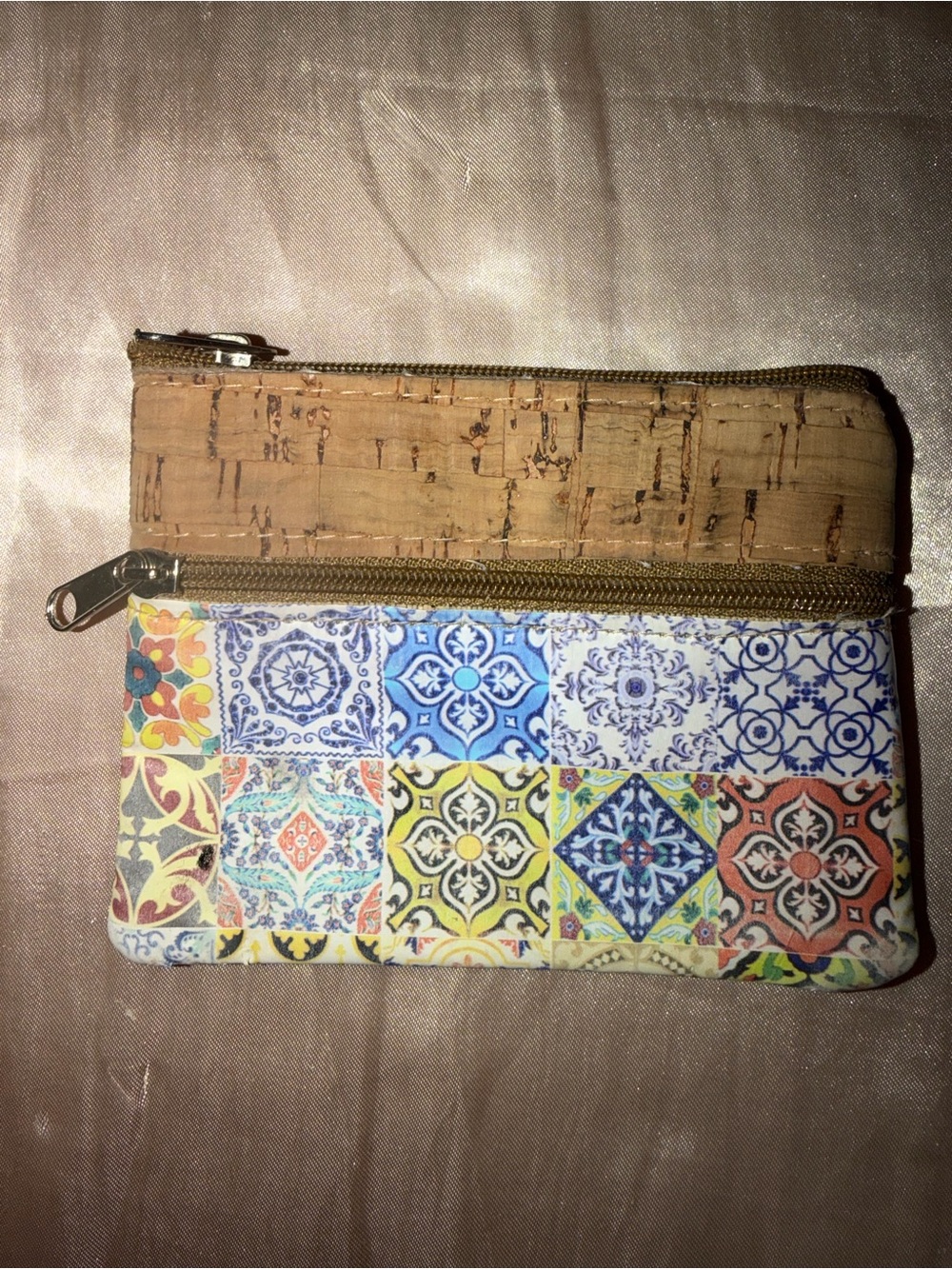 Portuguese Azulejo Tile Print Cork Zip Pouch Boho.